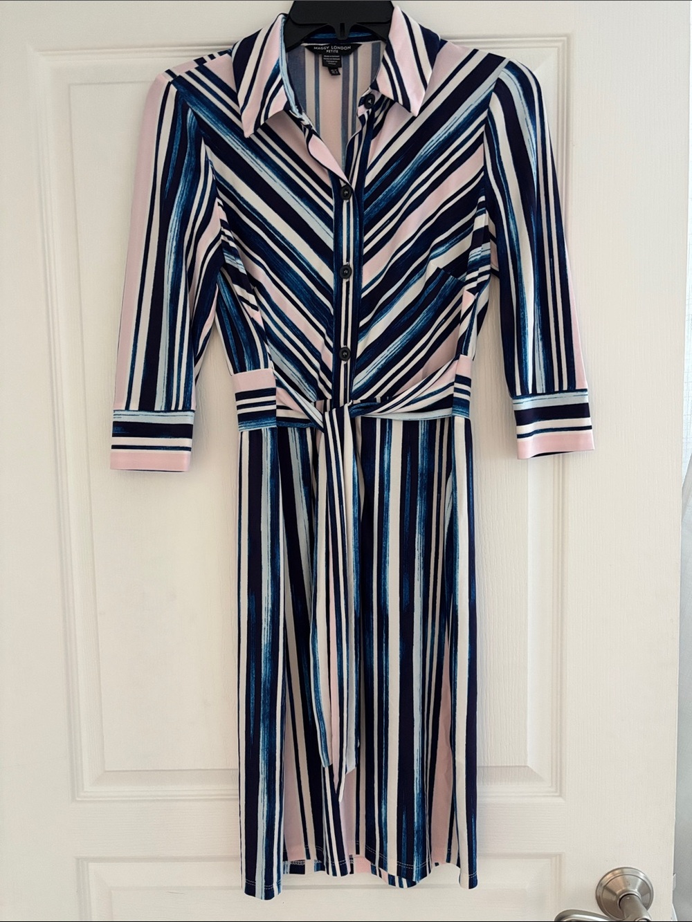 Maggy London Navy and Light Pink Striped Midi Shirt Dress - Petite